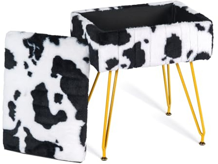 MOOWIND Multifunctional Vanity Stool Chair for Vanity, Padded Seat, Storage Ottoman in Rectangle Fuzzy Fluffy Design, Footrest and 4 Gold Legs for Makeup Room, Bedroom, Living Room, Cow