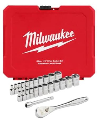 Milwaukee Elektrisch – 25 Stück, 1/4-Zoll-Antrieb, metrische SAE-Ratsche und Stecknuss SE