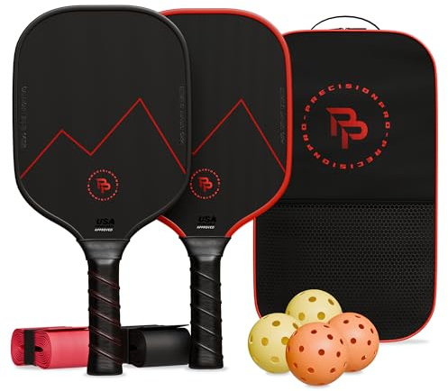 Precision Pro Pickleball-Paddel aus Premium-Kohlefaser, 14 mm, 2 Stück, mit einzigartigen Design-Griffen und Pickleball-Bällen für drinnen und draußen, bequemer Pickleball-Paddelgriff, USA genehmigt