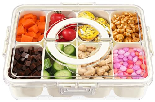 RAINPOP Snackschale mit Deckel, mit 8 einzelne Gerichte, Snackteller mit Kunststoff Fächern, Unterteilung Snack Schalen Platte Aufbewahrungsbox, Snackbox Organizer für Obst Süßigkeiten Veggie Nüsse