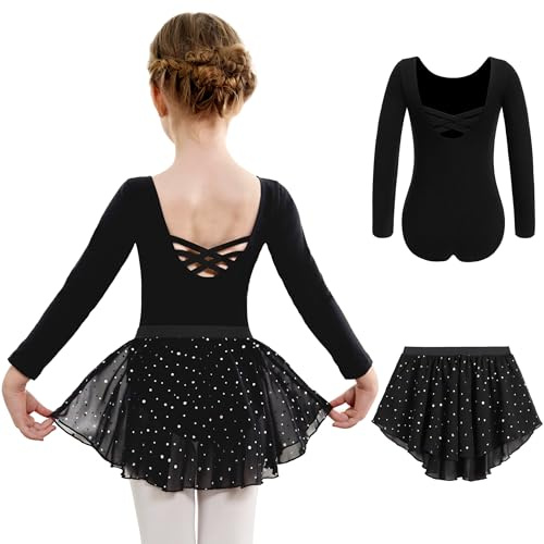 Arshiner Robe de Ballet Deux Pièces à Manches Longues pour Filles Robe de Ballet pour Enfants en Coton Dos Nu Justaucorps de Danse avec Jupe Tutu Noir 130 3-4 Ans
