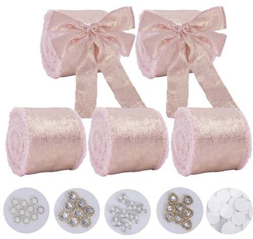 Minnhua 5 rollos de cinta de seda rosa roja para regalo, 4 cm x 6,3 m, cinta decorativa con 72 accesorios para envolver regalos invitaciones de boda