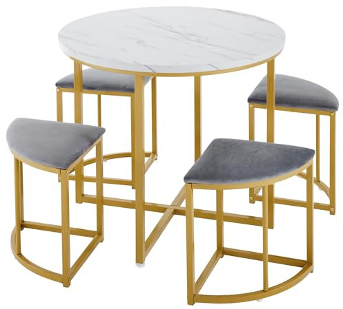 I0I&I0I Matgrupp med 4 stolar, matbord set rund vit, MDF-bordsskiva, guldpläterad järnram, sammetsstolar, modern design, utrymmesbesparande, bekväm, perfekt för små rum (stil 2)