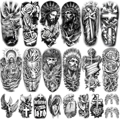 77 hojas de tatuajes temporales cristianos para adultos, tatuajes falsos de medio brazo con la cruz de Jesucristo, ángeles y Dios, tatuajes temporales católicos de Cristo para hombres y mujeres