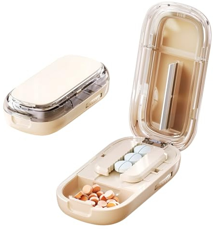 Portable Pill Cutter with Adjustable Slots – Multi Pill Splitter for Small & Large Tablets, Stainless Steel Blade, Clear Cut, Non-Slip Design, Easy to Use for Weekly Medication(Beige, 1/2)