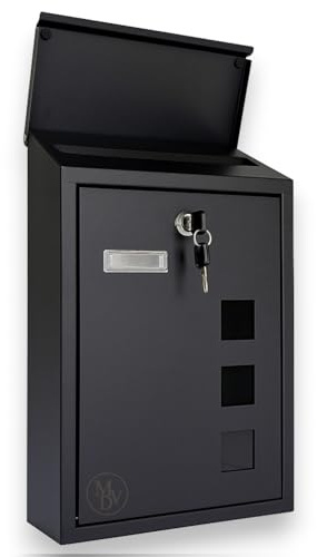 MODOVO Wall Mounted Black Post Box 40 × 25 × 10 cm – Waterproof Lockable Letter Box with 2 Keys | Galvanised Steel Mailbox with Nameplate & Viewing Windows | Modern Outdoor Post Box for Home & Office
