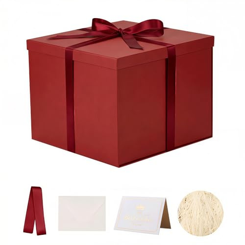 Grand Boîte Cadeau rouge 32x32x25 cm, Boite cadeau vide, boite cadeau anniversaire marriage - 1 Pièces (contenirRuban, Papier De Soie, Enveloppes et cartes)
