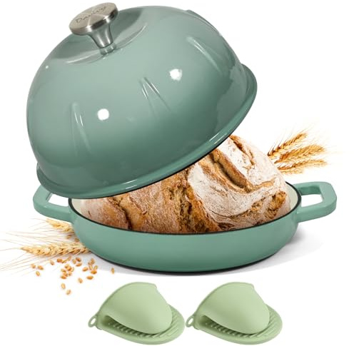 Davivy Forno olandese in ghisa smaltata per pane a lievitazione naturale, pentola olandese con coperchio a cupola – con impugnatura in silicone, verde sale marino