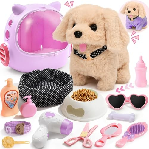G.C Walking Dog Toys for Kids with Backpack & Clothes & Leash, Electronic Pet Interactive Plush Puppy Barking Wagging Tail Robot Dog Pretend Play Toys Gifts for Girls 3 4 5 6 7 Year Olds