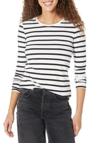 Amazon Essentials Women's Classic-Fit Long-Sleeve Crewneck T-Shirt (Available in Plus Size), Black/White Stripe, Medium