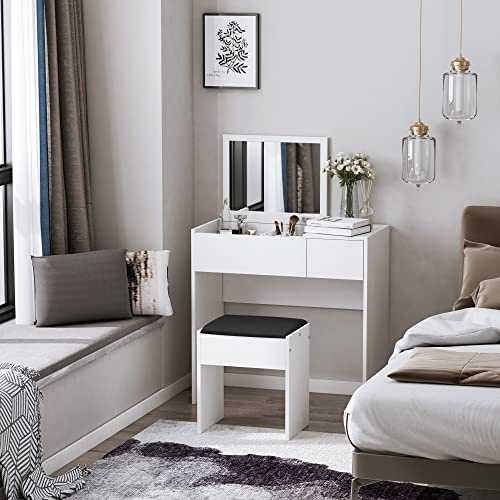 HOMCOM Tocador de Maquillaje con Taburete Mesa de Maquillaje con Espejo Tapa Abatible y Cajas de Almacenamiento 80x40x79 cm y 40x30x40 cm Blanco