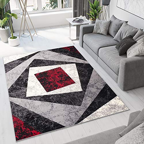 TAPISO Dream Teppich Modern Wohnzimmer Kurzflor Grau Schwarz Creme Rot Vierecke Geometrisch Meliert Schlafzimmer Esszimmer ÖKOTEX 300 x 400 cm