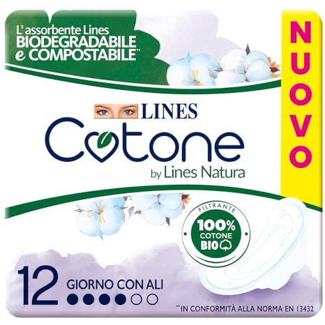 Lines Cotone by Lines Natura con Ali, 12 assorbenti in cotone per il giorno, Biodegradabile e Compostabile. Filtrante 100% cotone Bio delicato sulla pelle.