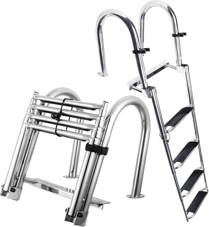 4 Step Pontoon Boat Ladder, Stainless Steel Telescoping Heavy Duty Pontoon Swim Boarding Ladder for Outboards, Yacht, Fishing Boat, Swimming Pool Dock Ladder, with Nonslip Steps ﻿