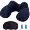 LUZWAY Almohada Inflable del Viaje, Cojín Inflable del Cuello de Viaje, Hecho de Terciopelo Suave y Funda Lavable con Tapones para los Oídos, Máscara de los Ojos y Bolsa de Transporte (Azul Oscuro)