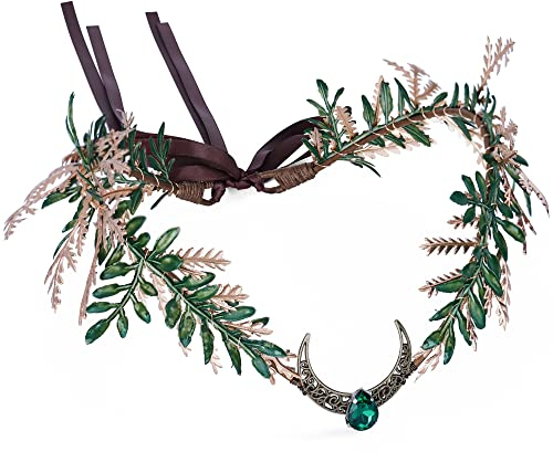 MOSTORY Handgefertigtes Mondblatt-Stirnband und Waldfeenkrone, Kopfschmuck für Hochzeit und Halloween, Dunkelgrün, Elfen, Kreis für Damen, Cosplay, Kostüm, Zubehör