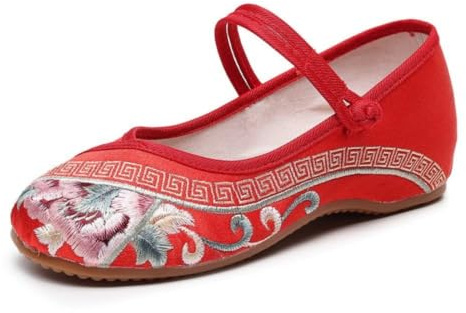 Chaussures Brodées de Style Chinois pour Femme Ballerines à Bout Rond brodées pour Femme Sandales d'été Vintage EU 38 Rouge