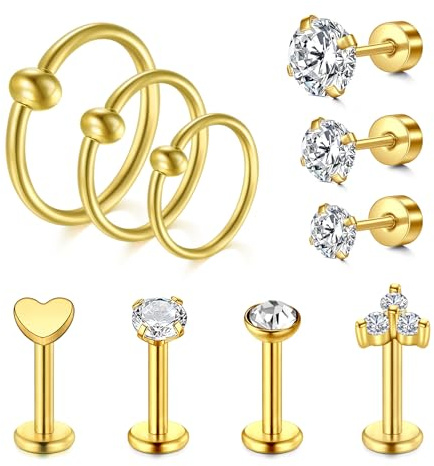 MODRSA 16G Piercing Trgus Oro Acero quirúrgico Labret Labio Anillo Piercing Oreja 6-12mm Tragus Helix Stud Barra Piercing Cartílago 10Piezas