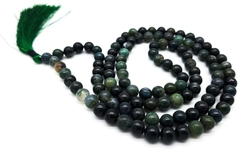 Äkta ädelsten mossa agat 108 Japa Mala-halsband (pärlor 8 mm) i smyckeskrin | meditation andlighet healing yoga Indien