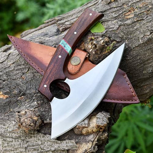 Carbon Steel Handmade Ulu Knife Pizza Cutter Rocker Knife Mezzaluna Knife with sheath Rocker Boning Knife for Slicing, Chopping, Camping, Outdoor, Kitchen With Sheath, Large