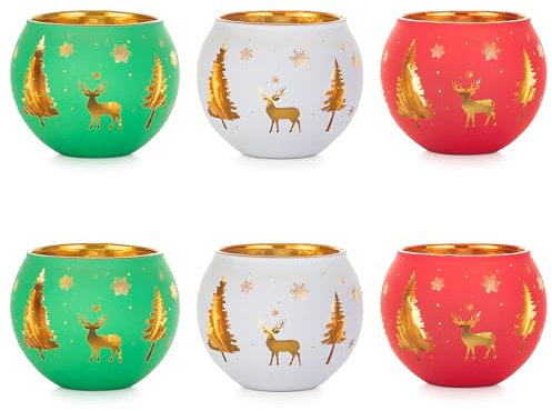 Romadedi Portavelas de Navidad para decoración navideña, juego de 6 vasos de Navidad, portavelas para decoración de Navidad, salón, portavelas de cristal, para invierno, Navidad, decoración de mesa,