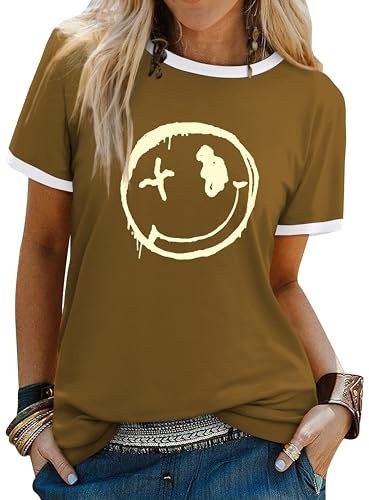 WIEIYM T-shirt pour femme - Hauts à manches courtes - T-shirts d'été pour femme - T-shirt pour femme - Col rond - Chemisier - Chemisier léger - Imprimé - Décontracté - Tee - Tops - Blouse, Marron doré
