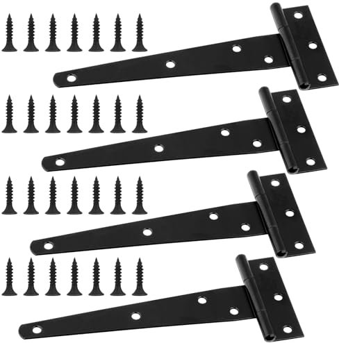 HOTUT 4 piezas Bisagra en T Negra, 6 Pulgadas, Bisagras con Correa en T a Prueba de Herrumbre con 36 Tornillos, Bisagra para Granero de Puerta Resistente para Puerta de Jardín, Ventanas, Vallas