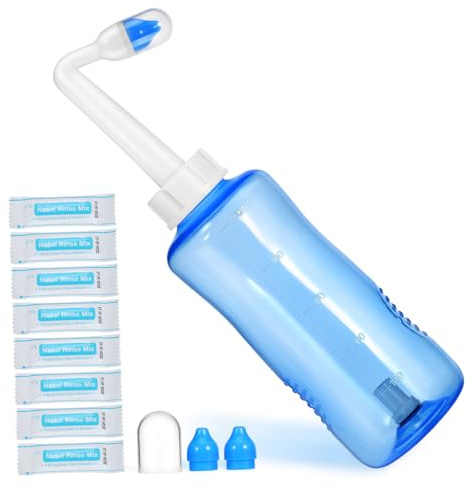 FOMIYES Kit per Lavaggio Nasale e Pulizia Naso per Risciacqui Nasali Efficaci con Flusso Delicato Bottiglia da 500ml in Plastica con Beccuccio Angolato e Sale Adulti