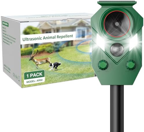 Joomouney Repellente per gatti da giardino, deterrente per gatti ad ultrasuoni, deterrente per animali con sensore PIR e luce flash, 5 modalità di ricarica USB, impermeabile IP65, repellente per