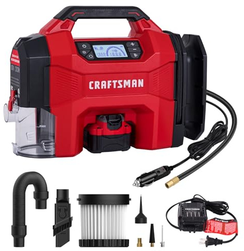 CRAFTSMAN 3-in-1 Cordless Portable Tire Inflator 160 PSI Air Compressor, 4.0Ah Battery & 12V Charger, Car Vacuum, Dust Blower & LED Light for Car, Bike, Ball, Inflatable Mat & SUP