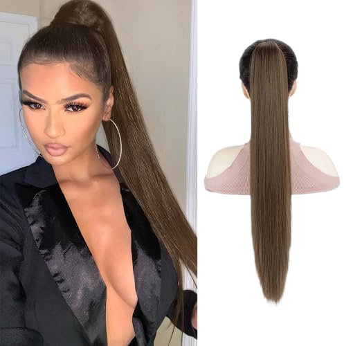 XFSRG 66cm Ponytail Cheveux Naturel Extension Queue De Cheval Postiche Cheveux Raides Avec Pinces Perruque Femme Naturelle Convient Pour Rencontres Party Fêtes(Marron Foncé)