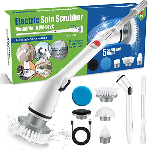 Power Scrubber, Electric Spin Scrubber, Electric Scrubbing Brush with Adjustable Stretchable Arm and 5 Replacement Brush Heads, USB Charging for Cleaning Bathroom, Bathtub, Kitchen, Tile, Floor