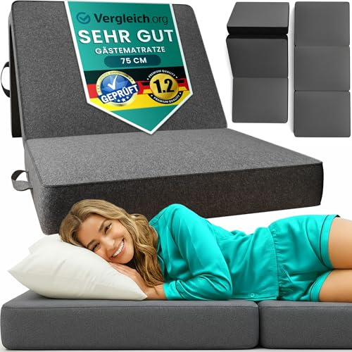 Klappmatratze 75x195 cm – 3-teilige Faltmatratze & Gästematratze mit bequemem Schaumstoffkern – Faltbare Matratze, waschbar, atmungsaktiv & platzsparend – Ideal als Gästebett & Reisematratze