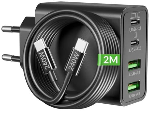 65W USB C Ladegerät, 4-Port GaN Netzteil PD/PPS Mehrfach Schnellladegerät Laptop Charger mit 240W Typ-C 2M Ladekabel für MacBook Pro/Air, iPad, iPhone 17/16/15, Samsung S25 S24, Dell HP Chromebook