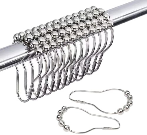 DikGifk 12 Pezzi Anelli per Tenda da Doccia Ganci,Acciaio Inox Antiruggine,Sistema di Scorrimento con Palline,75x39mm Argento per Tenda Doccia