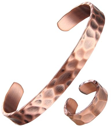 BioMag Pure Copper Bracelet and Ring Set – Copper Bracelet for Men & Women – 100% Solid, Raw & Uncoated Handmade Hammered Tibetan Cuff Bangle (copper079)