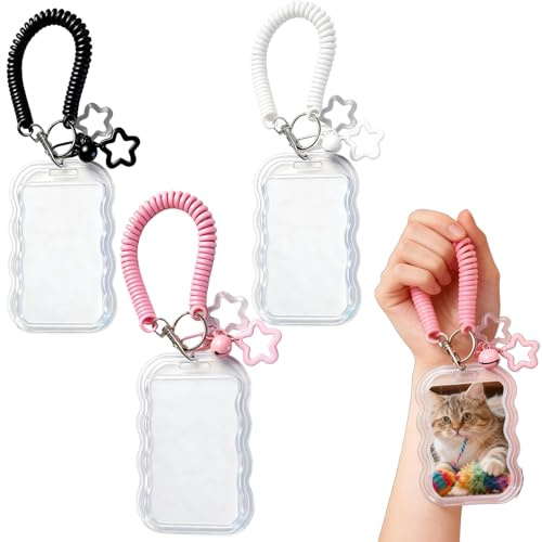 3 llaveros con funda para tarjetas fotográficas, porta tarjetas de identificación con cuerda elástica retráctil, funda protectora ligera para tarjetas, uso diario trabajo y transporte