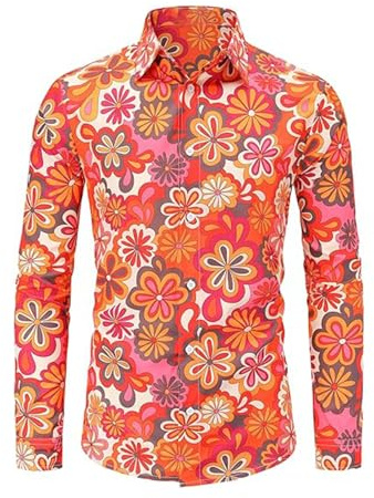 Chemise à manches longues pour homme - Style hippie des années 70 - Coupe droite - Imprimé boutonné - Chemise de loisirs - Disco Hip Hop - Décontractée - Paisley rétro - T-shirt de golf amusant