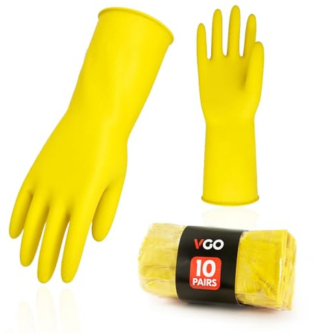 Vgo... 10-Pairs Reusable Household Gloves, Rubber Dishwashing gloves, Extra Thickness, Long Sleeves, Kitchen Cleaning, Working, Painting, Gardening, Pet Care (Size L, Yellow, HH4601)