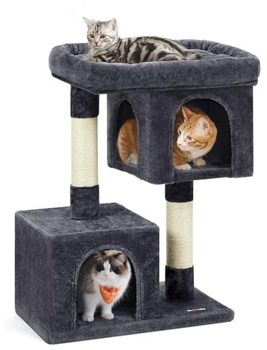 Feandrea Cat Tree Tower, 84 cm, L, for Large Cats up to 7 kg, Large Perch, 2 Caves, Scratching Post, Smoky Grey PCT61GV2