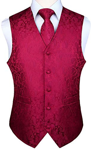 Hisdern Herrväst Paisley blommig jacquard slips ficka fyrkantig näsduk väst kostymset, Vinrött, XL