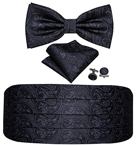 Barry.Wang Kummerbund Fliege Set für Herren Seide Kummerbund Vorgebundene Fliege Einstecktuch Manschettenknöpfe, 01 Schwarzes Paisleymuster, Einheitsgröße