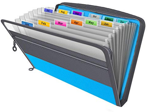 Expanding File Organiser,Fun Storage Document Folder Box Files,13 Pockets Zip Filing Folders,5 Colours,Accordian File Folder with Tabs,Expandable Documents Wallet Accordion File Organisers,Blue
