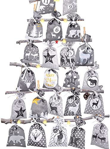 Adventskalender zum Befüllen Groß (12x21cm), 24 Stoffbeutel Kette zum selber Basteln und Aufhängen 2025 Weihnachtskalender zum selberfüllen mit Grau Stoff Säckchen für Kinder junge männer Mädchen
