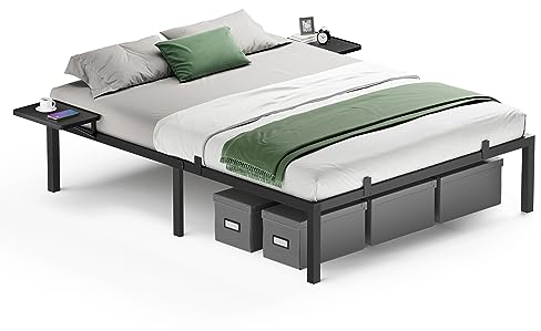 VASAGLE Marco de Cama Matrimonio, Estructura de Cama de Metal, con Estantes de Almacenamiento, Invitados, para Colchón de 160 x 200 cm, Fácil Montaje, Negro Tinta RMB095B01