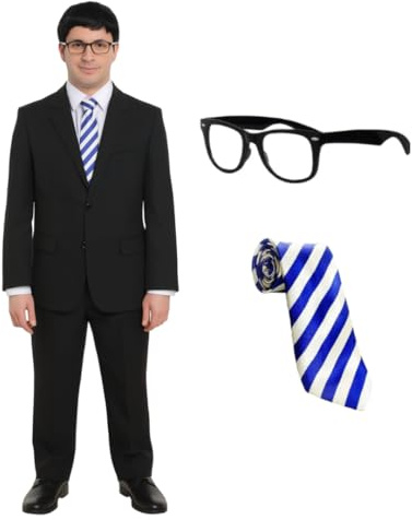 Disfraz de adulto – Mediano – Chaqueta y pantalones de traje negro, corbata de rayas azules y beige, gafas de marco negro – Disfraz de adulto entre películas de televisión