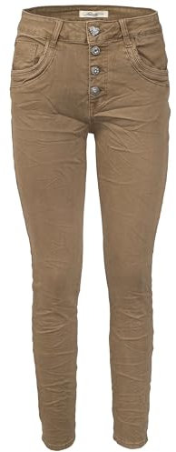 Jewelly Damen Stretch Jeans Five-Pocket im Crash-Look | Boyfriend Hose und sichtbarer Knopfleiste mit Schmuckknöpfen XL/42 Camel