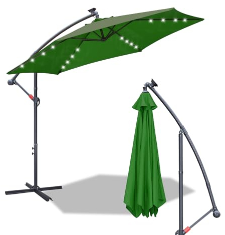 Fiqops Parasol solaire LED 3.5M avec manivelle - En aluminium - Avec support - Protection UV, Parasol de marché étanche pour le jardin, Vert