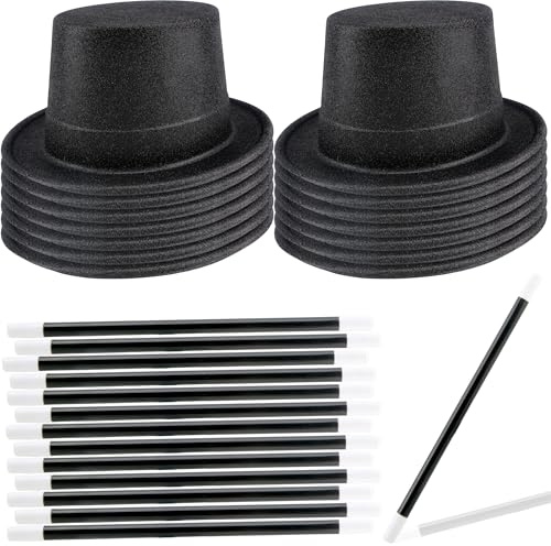 Skyebed 14 Pcs Plastic Top Hats with 14 Pcs Magician Wand Top Black Magician Hats for Men Women Halloween Cosplay Party Supplies, Glitter Black Set