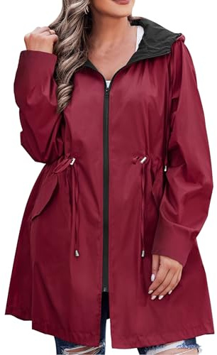 AOVDE Womens Plus Size Rain Jacket with Hooded Reversible Lightweight Raincoat Hiking Coat Waterproof Windbreaker for Women Wine Red 24